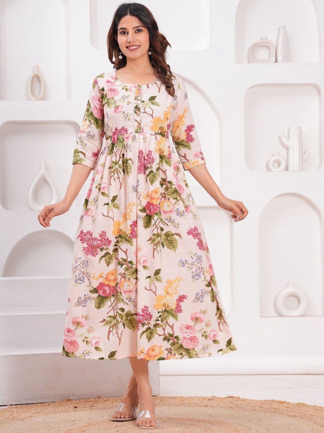 FASHION SWAG Floral Printed Round-Neck Cotton A-Line Maternity Ethnic Dress - view 1