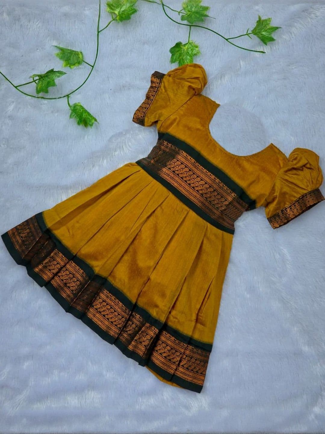 AMBA COLLECTION BOUTIQUE Girls Self Design Puff Sleeves Cotton Fit and Flare Ethnic Dress - view 1