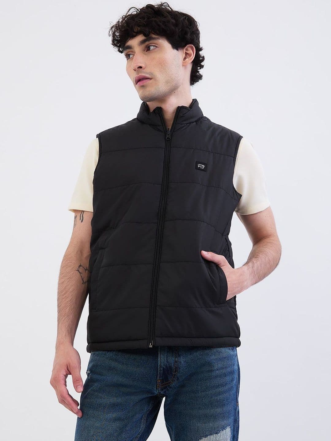SPYKAR Men Black Polyester Stand Collar Sleeveless Straight Fit Casual Jackets - view 1