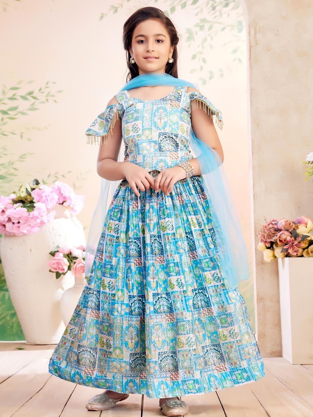 Sangria Girls Firozi Printed Zari Embrodery Georgette Lehenga Choli Set - view 1