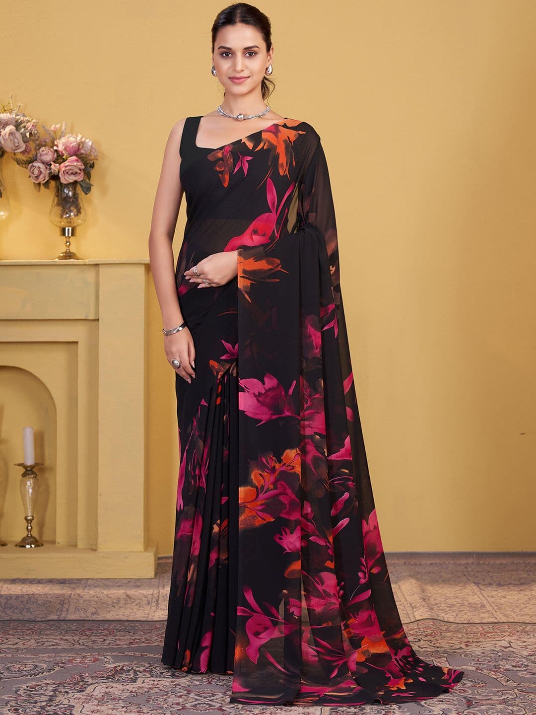 Garden Vareli Georgette Floral Printed Saree Without Blouse Piece - view 1
