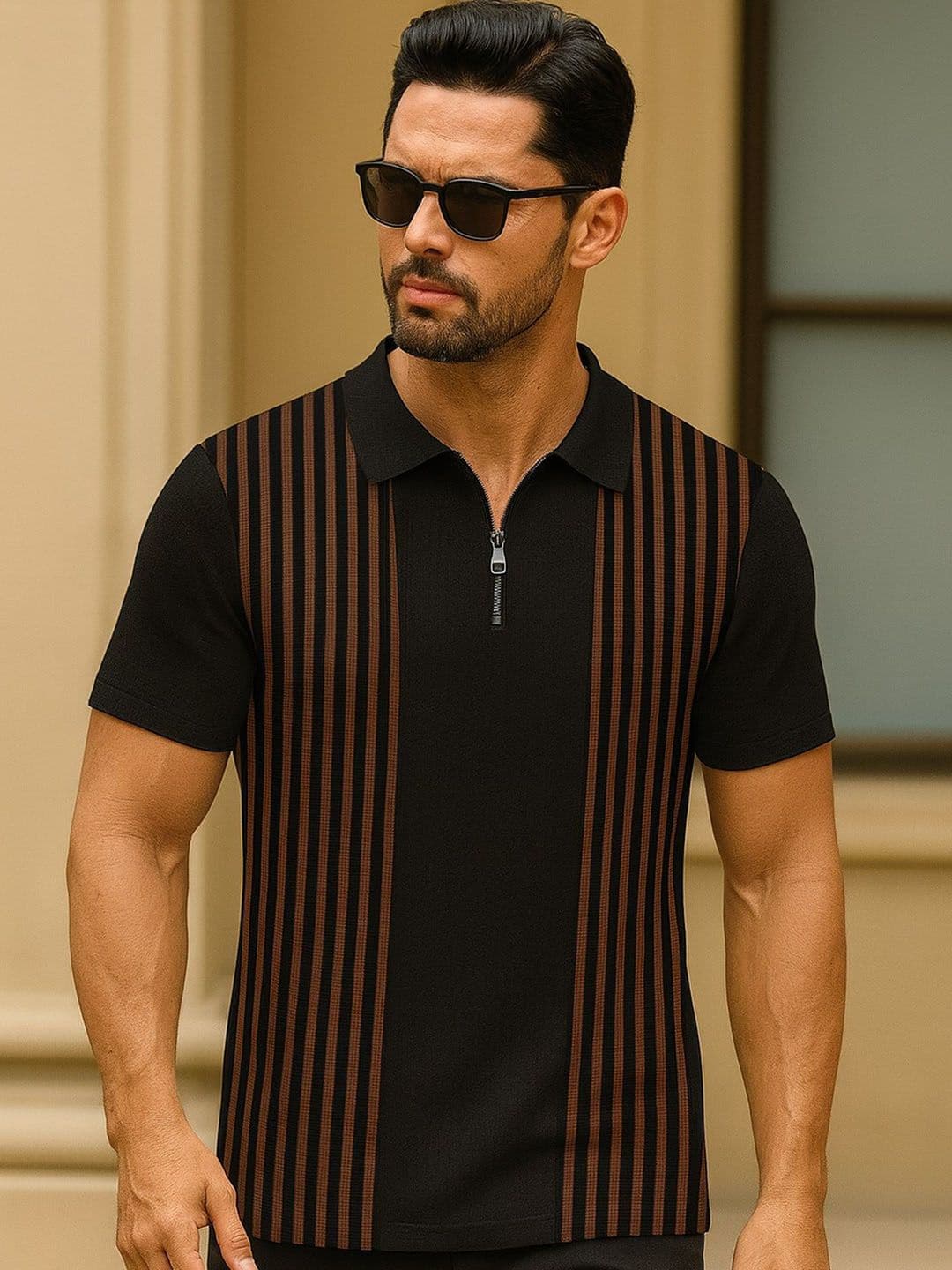 KAJARU Striped Self Design Polo Collar Regular Sleeves Regular Fit T-shirt - view 1