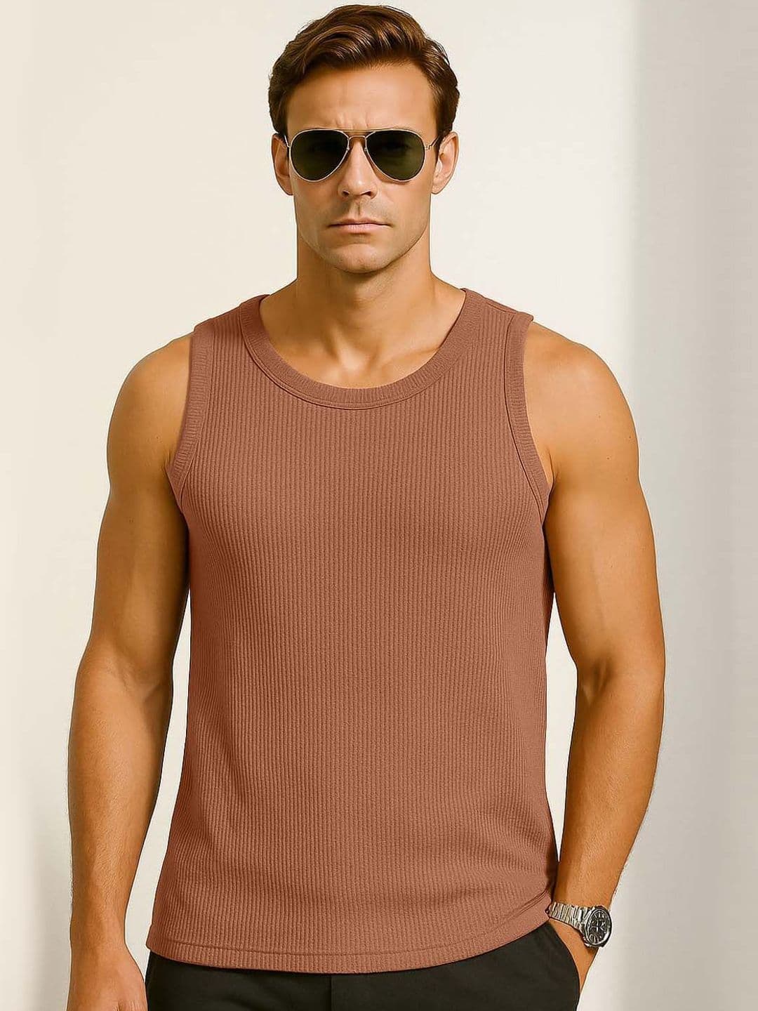 Organic Chics Men Textured Tank Waffle Vest-Brown_S - view 1