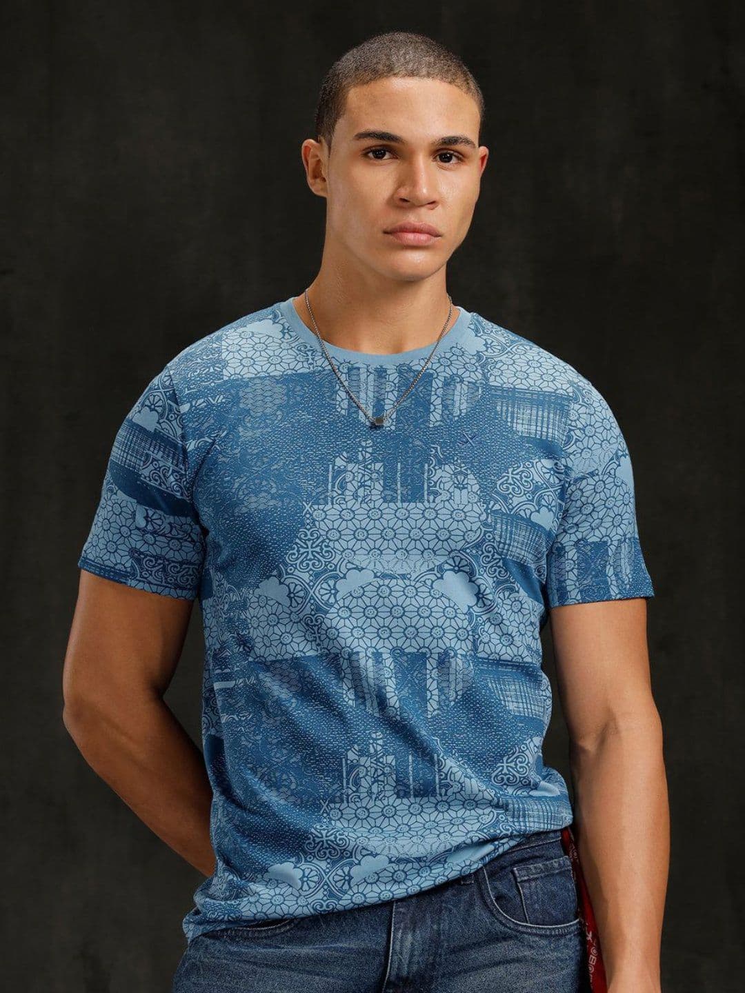 WROGN Men Geometric Printed Round Neck Pure Cotton T-shirt - view 1
