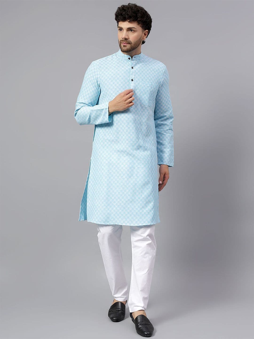 Latest Chikan Garments Men Checked Woven Design Band Collar Cotton Kurtas - view 1