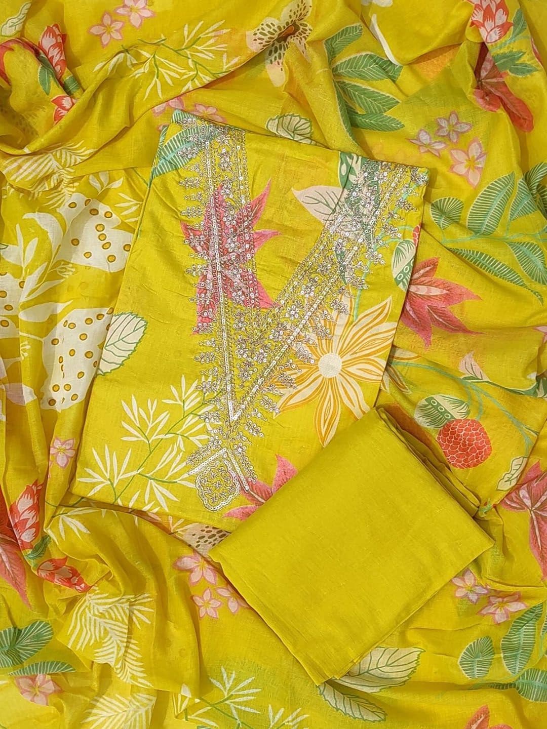 GC 80 BY GAURI COLLECTION Floral Printed Pure Cotton Sequinned Unstitched Dress Material - view 1
