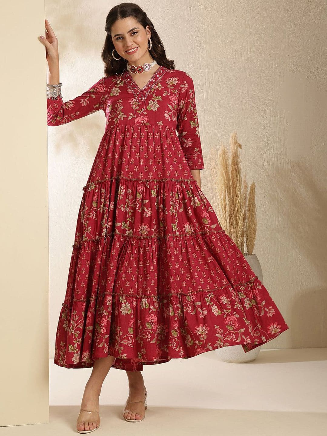 Sangria Women Ethnic Motifs Printed V-Neck Tiered Cotton Fit and Flare Ethnic Midi Dress - view 1