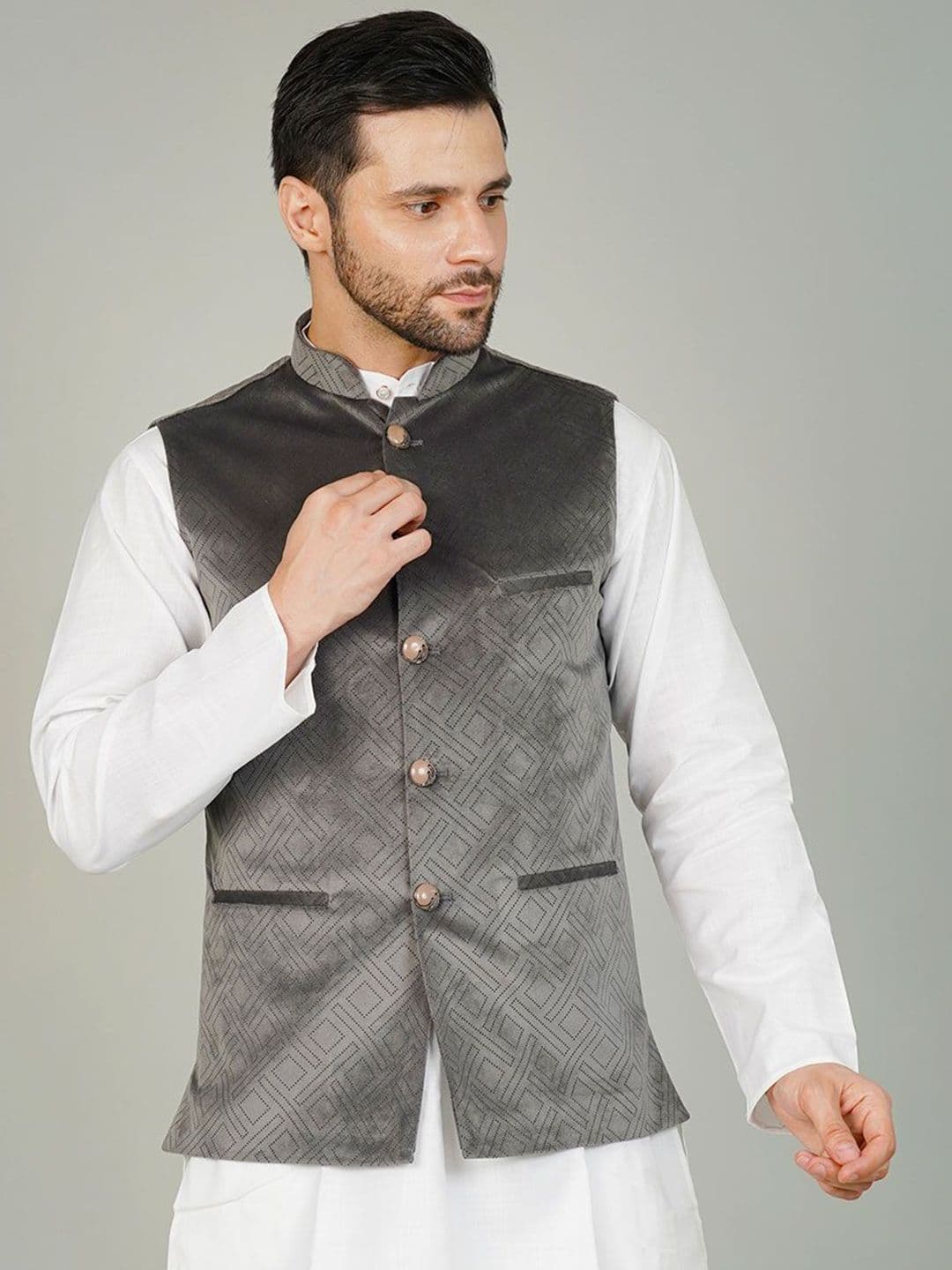 Wintage Woven Design Velvet Nehru Jacket - view 1