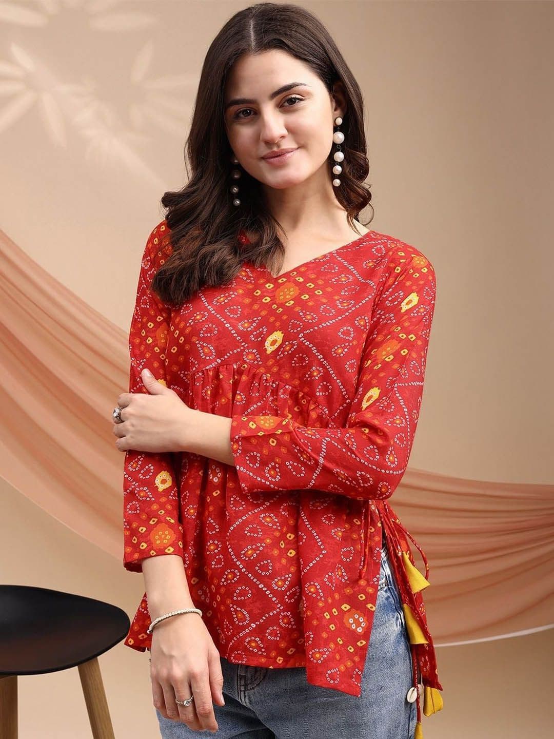 Youthnic Women Bandhani Print Peplum Kurti With Tassles and Kodi - view 1