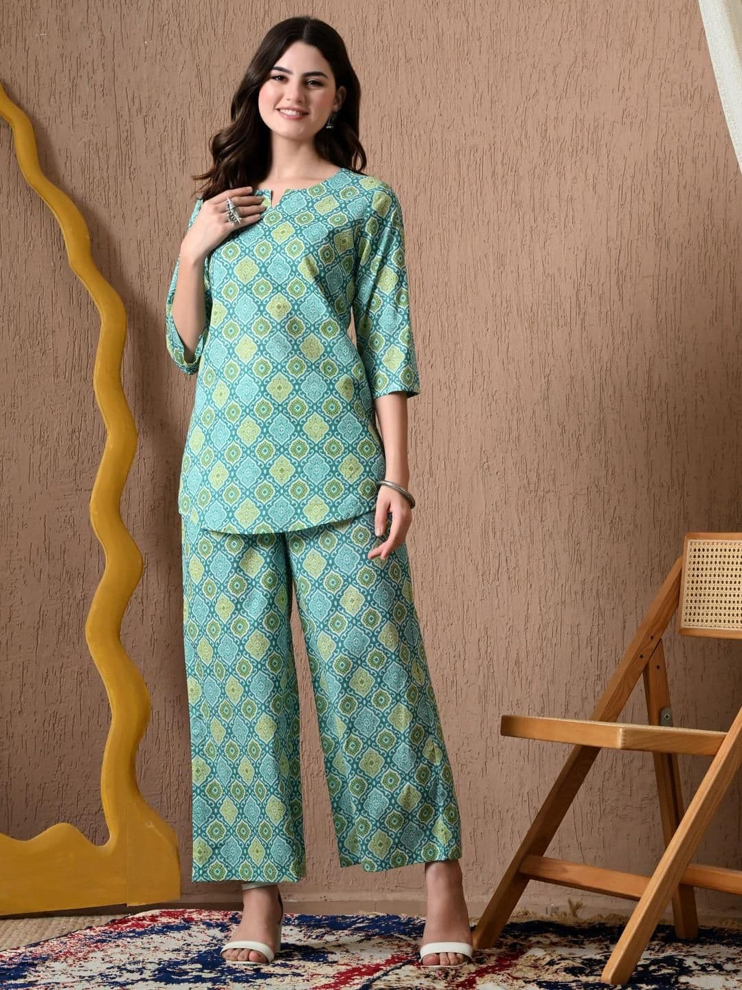 SILAKIVA Women Printed Round Neck Cotton Tunic and Palazzos Co-Ords - view 1