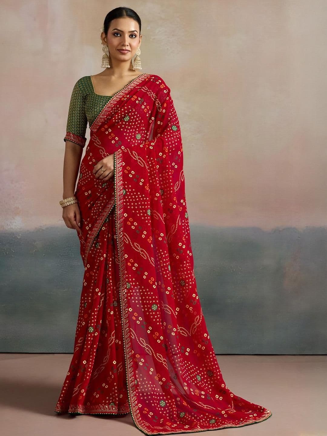 Mitera Bandhani Printed Zari Pure Georgette Saree - view 1
