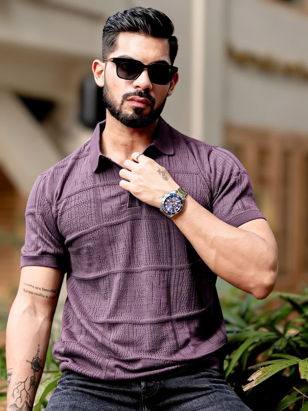 Maniac Men Self Design Polo Collar Cotton T-shirt - view 1