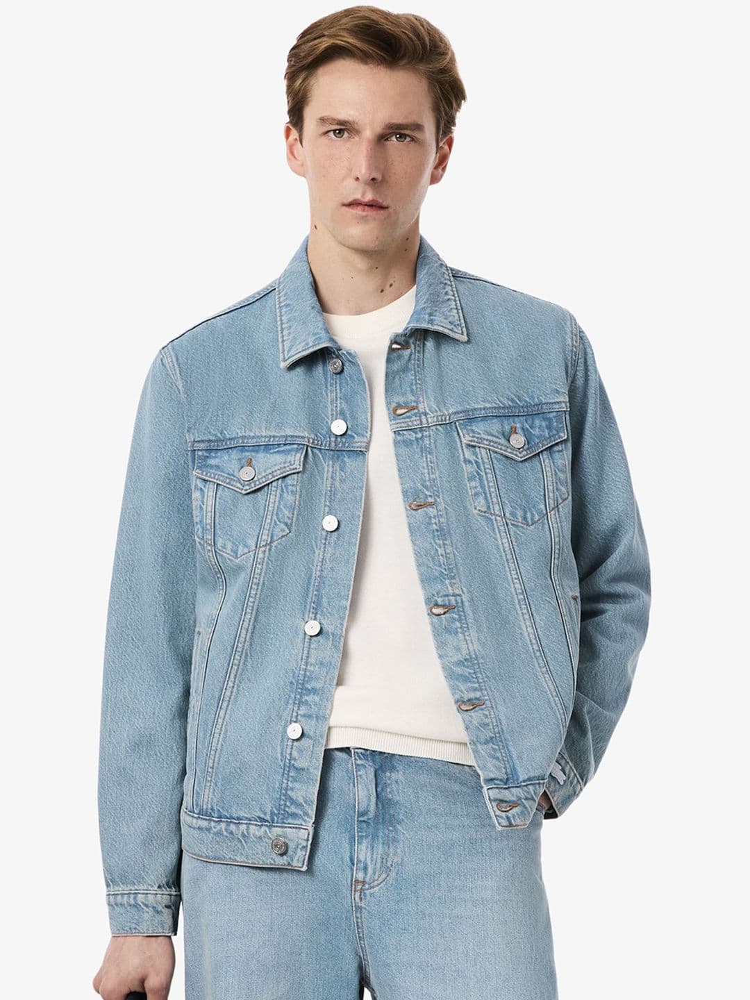 Lacoste Men Spread Collar Washed Solid Pure Cotton Denim Jacket - view 1