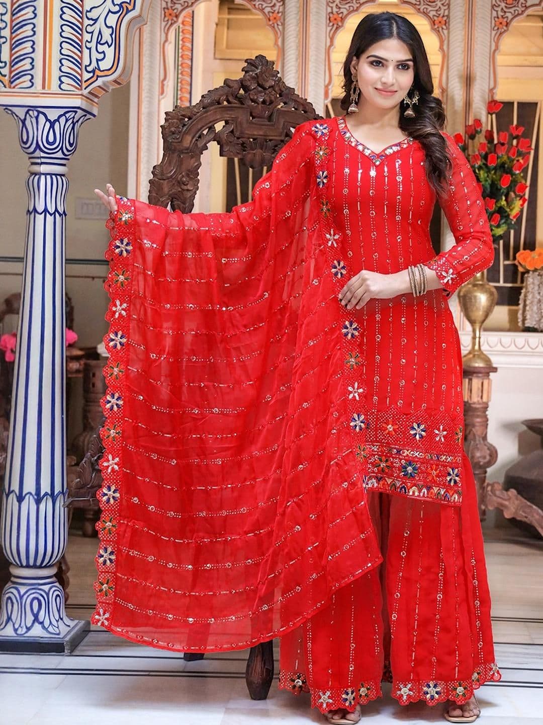 ELVISH JAIPUR Women Red Sequinned Embroidered Georgette Kurta with Sharara & Dupatta - view 1