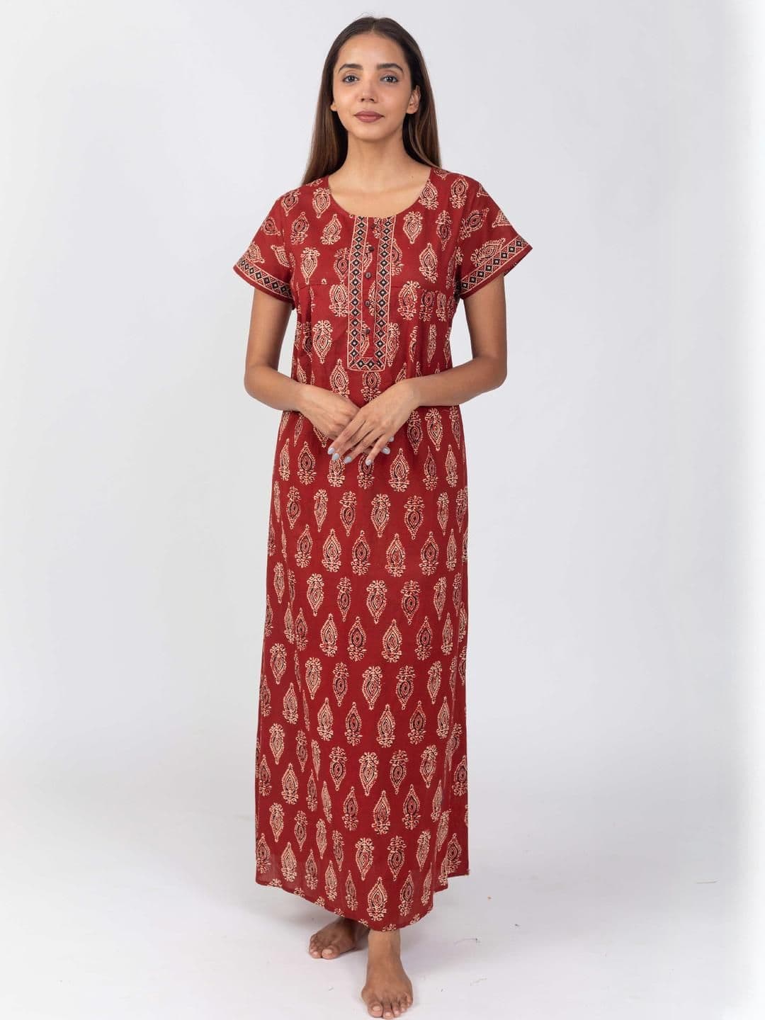 Nihsamah Women Rust Printed Pure Cotton Button-Up Maxi Nightdress - view 1
