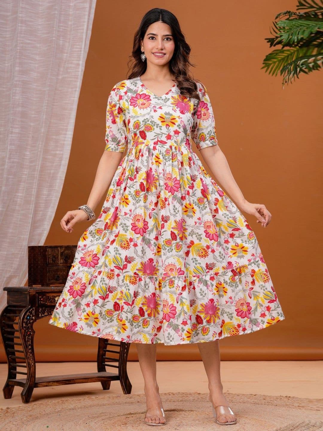 FEMARY Women Floral Printed Puff Sleeve Maternity Pure Cotton Fit & Flare Midi Dress - view 1