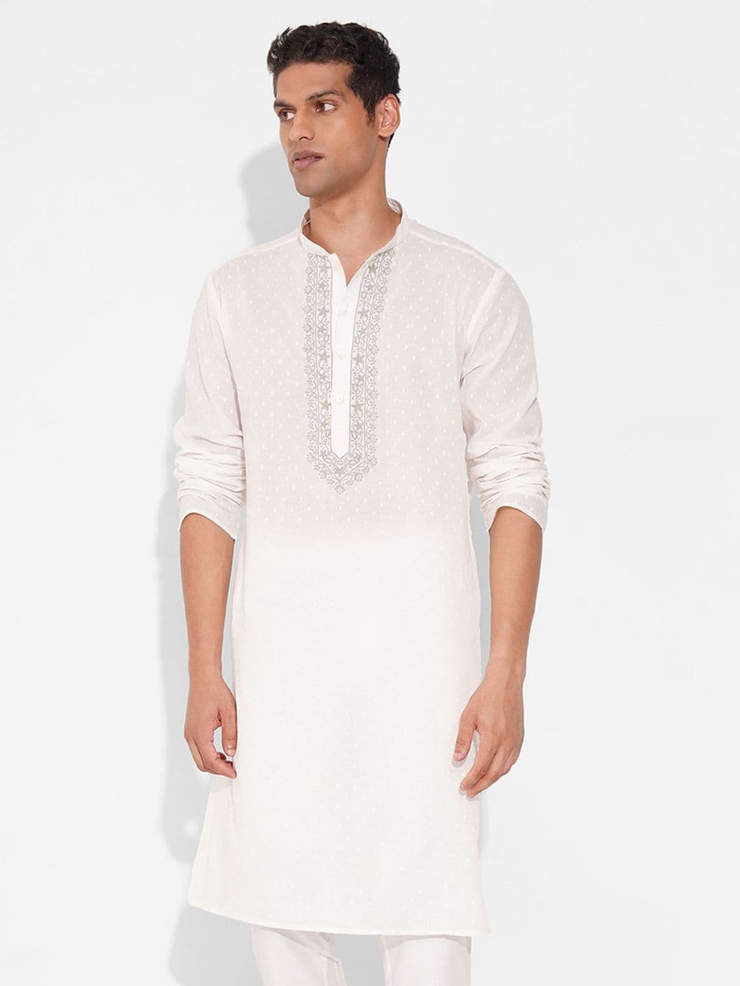 indus route by Pantaloons Woven Design Cotton Mandarin Collar Thread Work Straight Kurta - view 1
