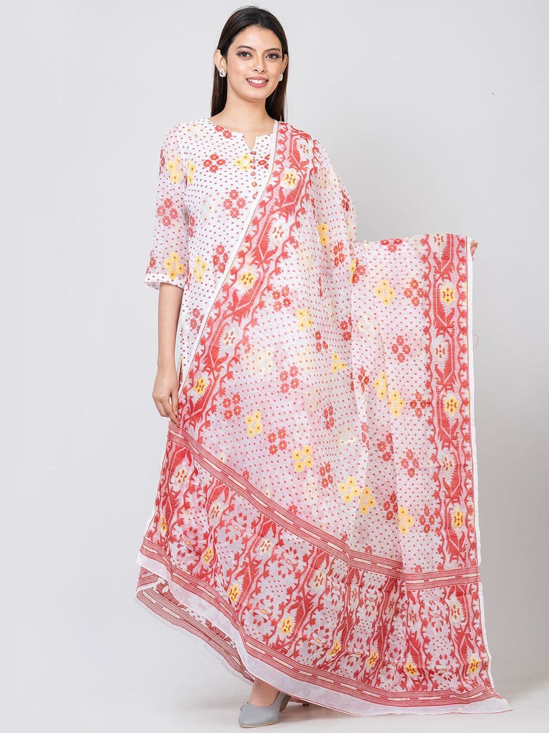Durga Handlooms Durga Handloom Jamdani Woven Design Zari Pure Cotton Unstitched Kurti with Dupatta Dress Material - view 1