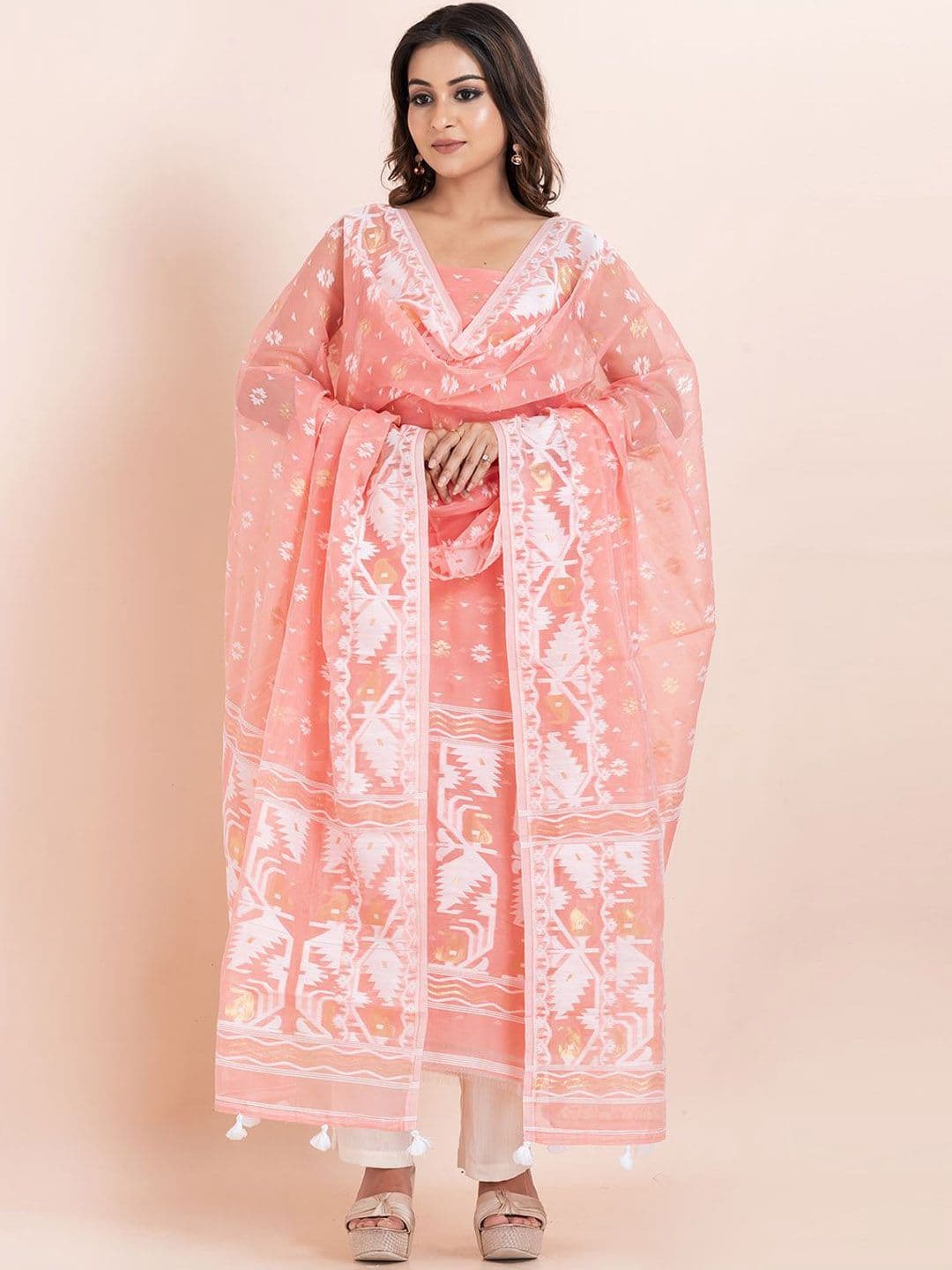 Durga Handlooms Durga Handloom Jamdani Woven Design Zari Pure Cotton Unstitched Kurti with Dupatta Dress Material - view 1