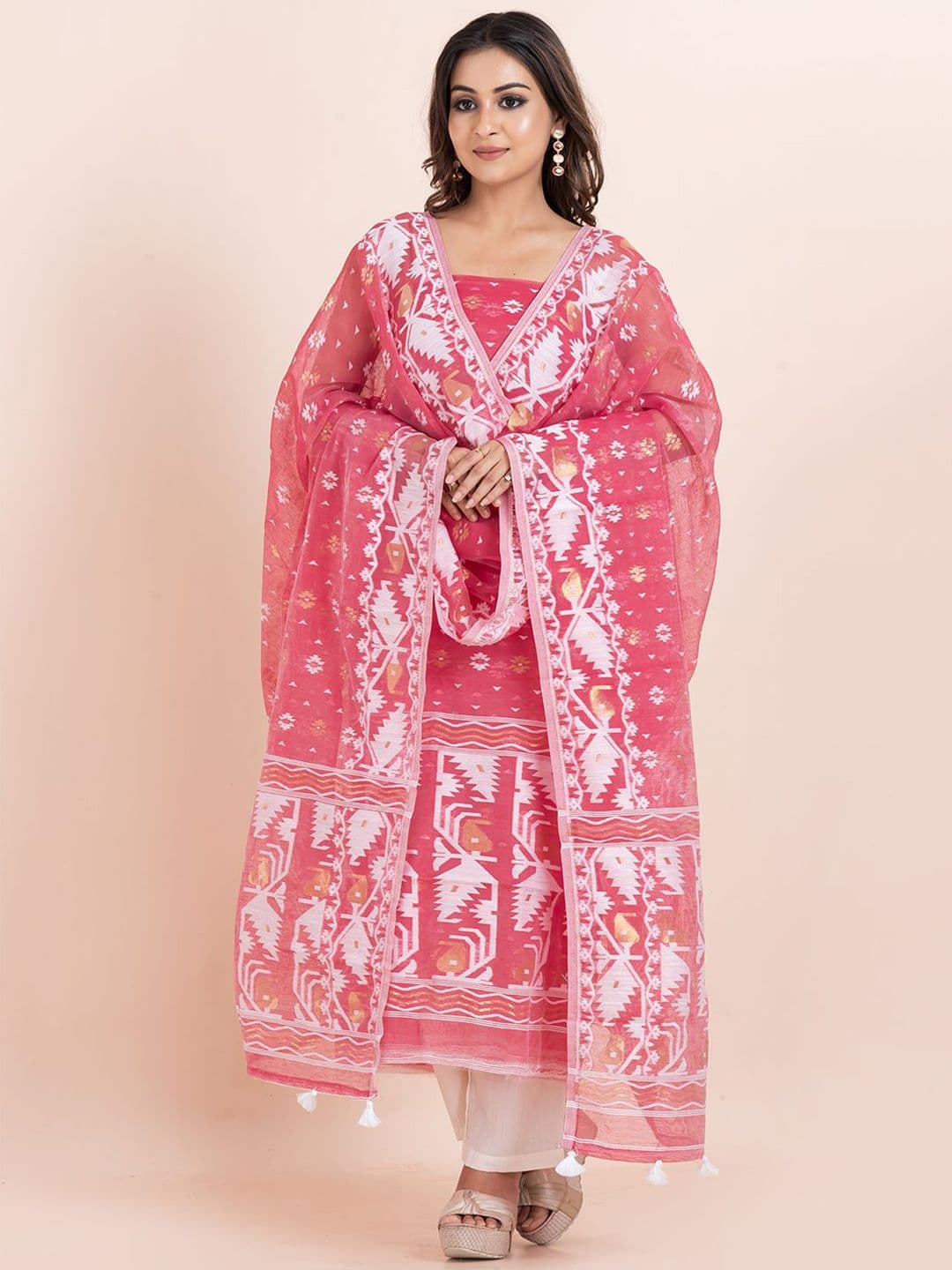 Durga Handlooms Durga Handloom Jamdani Woven Design Zari Pure Cotton Unstitched Kurti with Dupatta Dress Material - view 1