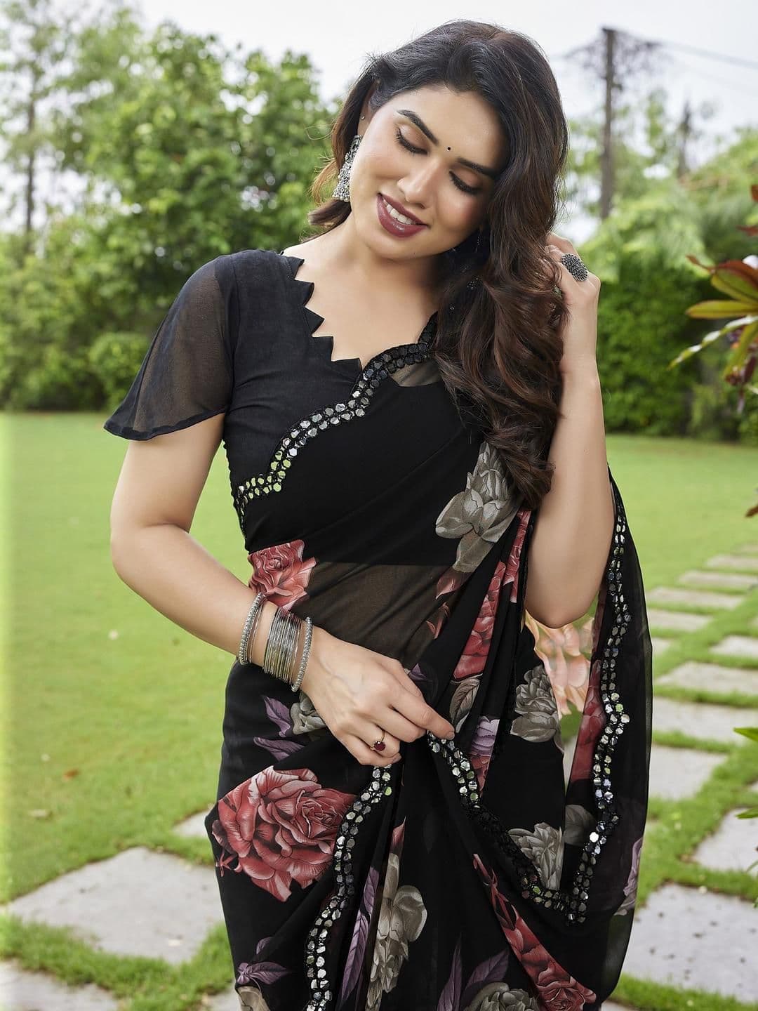 The Textile Hub Floral Printed Mirror Work Saree - view 1