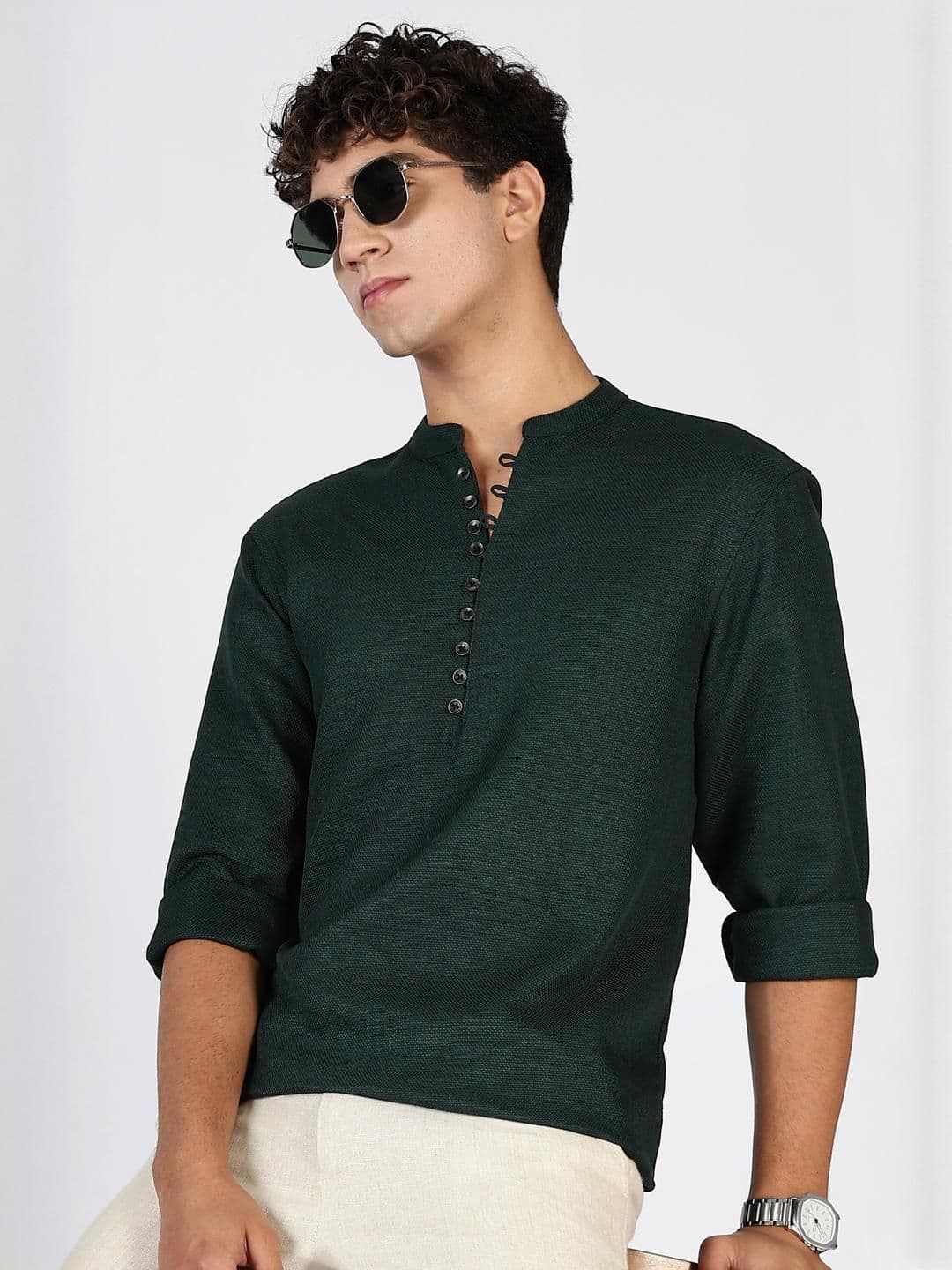 HERE&NOW Men Teal Polyester Kurtas - view 1