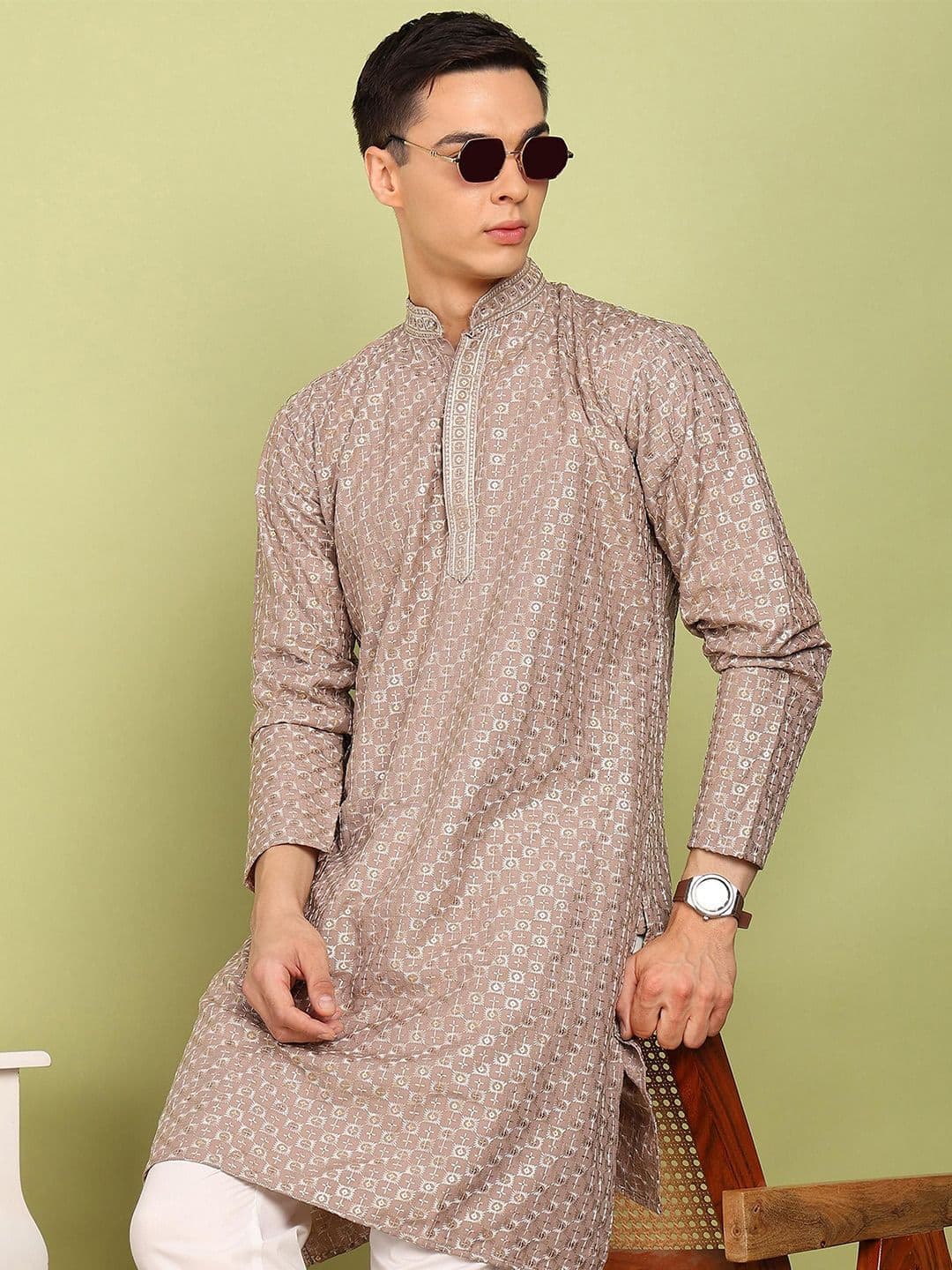FUBAR Men Geometric Woven Design Mandarin Collar Straight Kurta - view 1