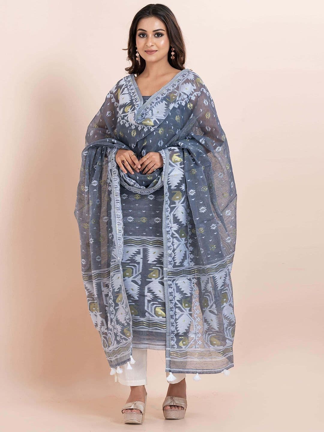 Durga Handlooms Durga Handloom Jamdani Woven Zari Pure Cotton Unstitched Kurti with Dupatta Dress Material - view 1