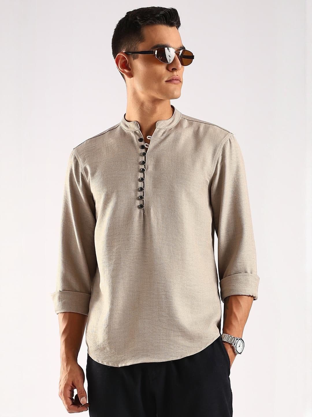 HERE&NOW Men Beige Polyester Kurtas - view 1