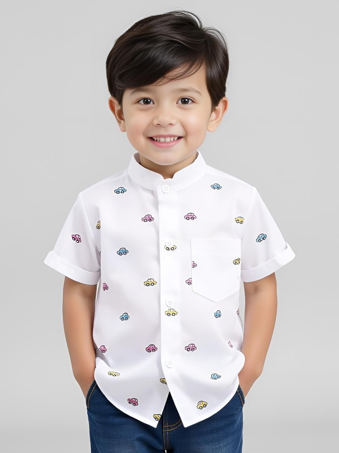 KIDGARB Boys White Graphic Printed Mandarin Collar Polycotton Shirt With Chest Pocket - view 1