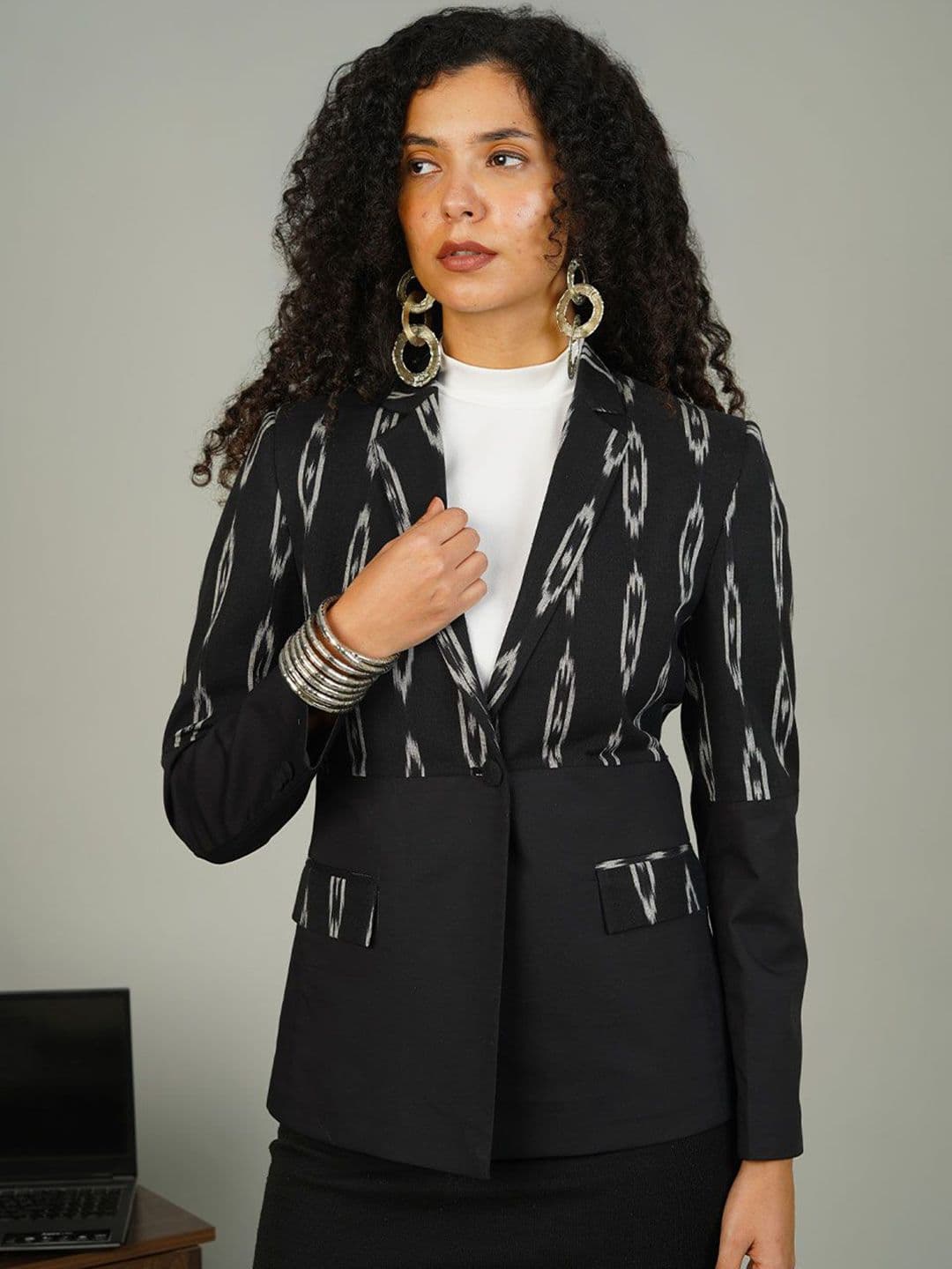 INDOPHILIA Ikat Printed Cotton Single Breasted Blazer - view 1