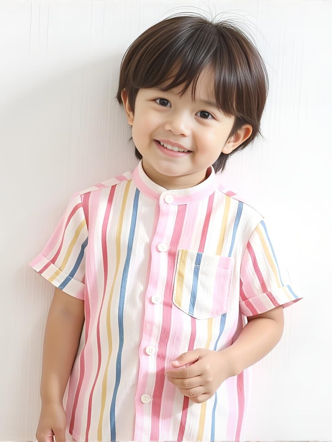KIDGARB Boys Pink & Blue Striped Mandarin Collar Polycotton Shirt With Chest Pocket - view 1