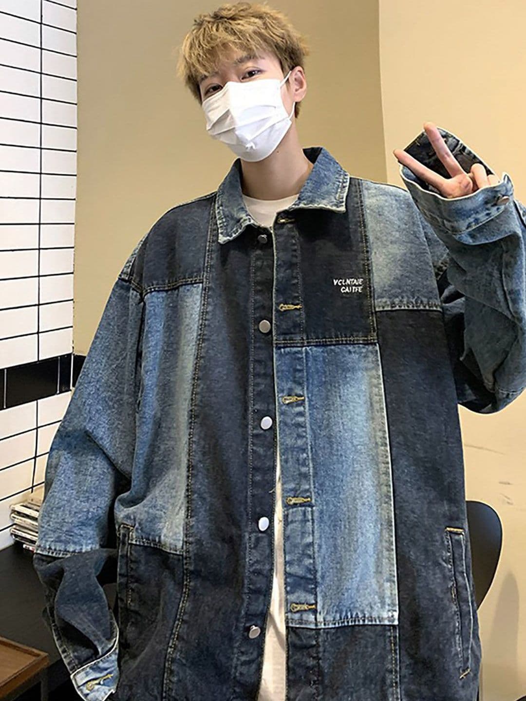 StyleCast Men Stand Collar Colourblocked Denim Jacket - view 1