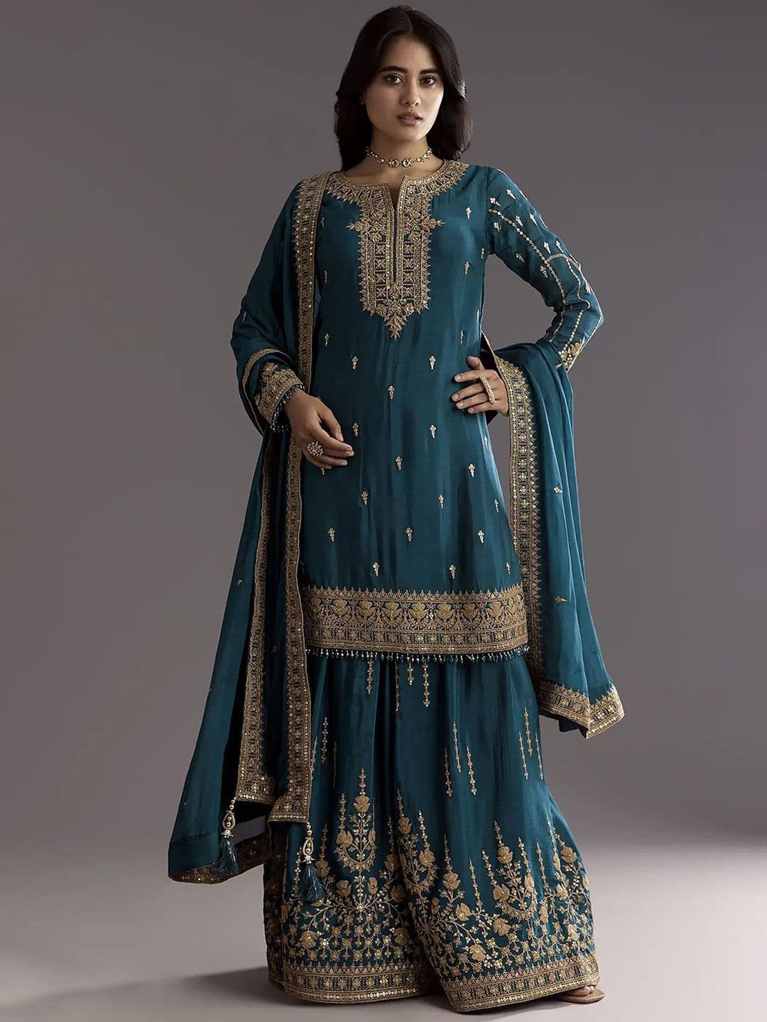ANGHANBROTHERS Women Ethnic Motifs Embroidered Kurta with Palazzos & Dupatta - view 1