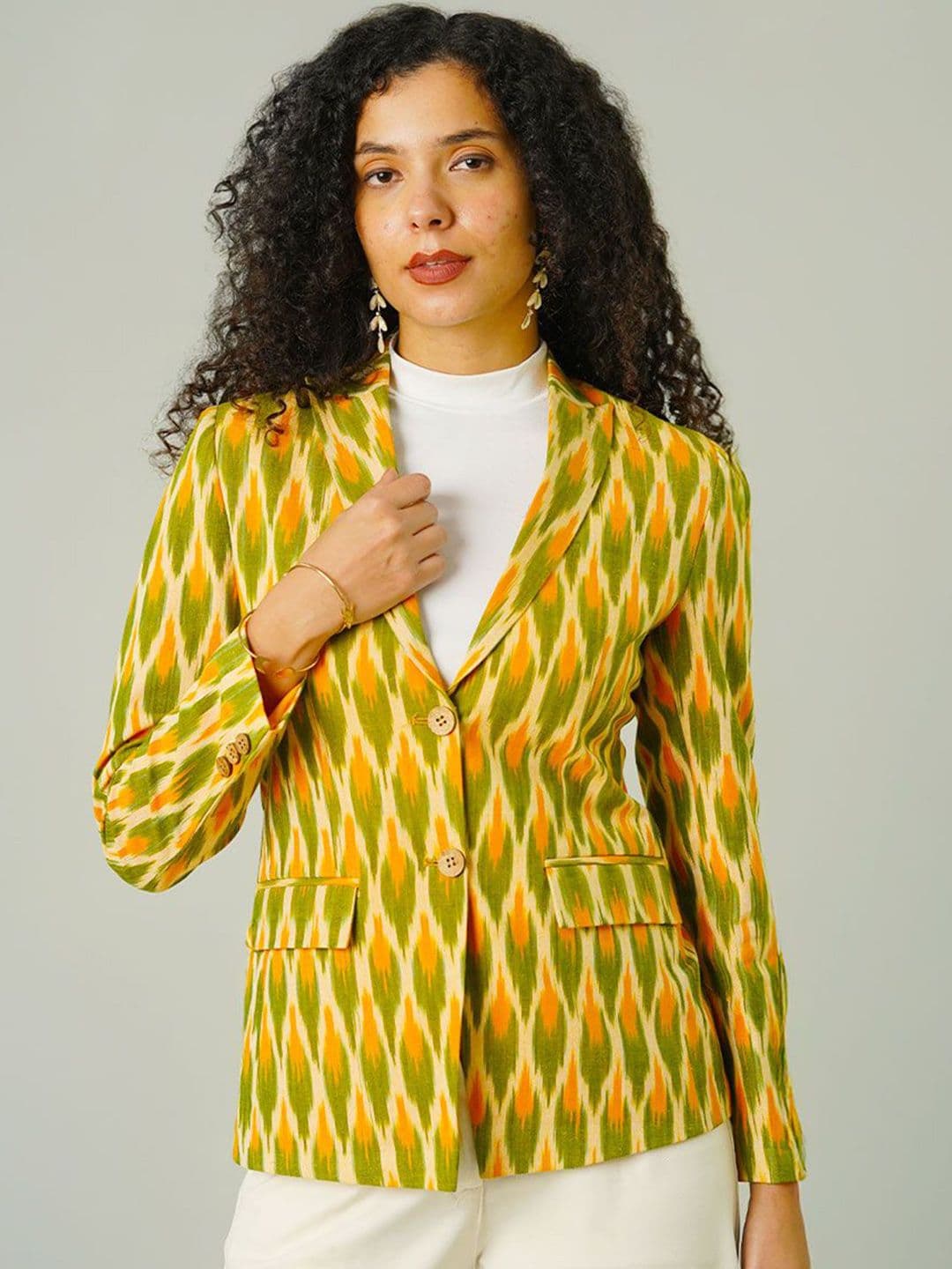 INDOPHILIA Women Ikat Printed Cotton Single-Breasted Blazer - view 1