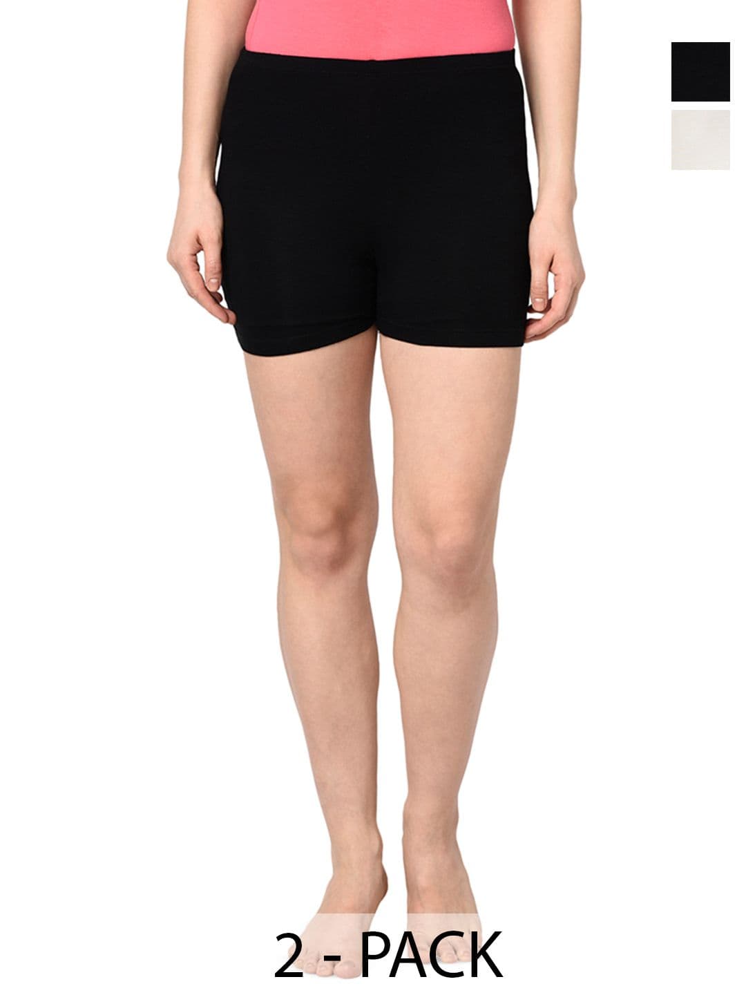 Espresso Women Pack of 2 Black & Off- White Solid Slim Fit Shorts For Under Dresses - view 1