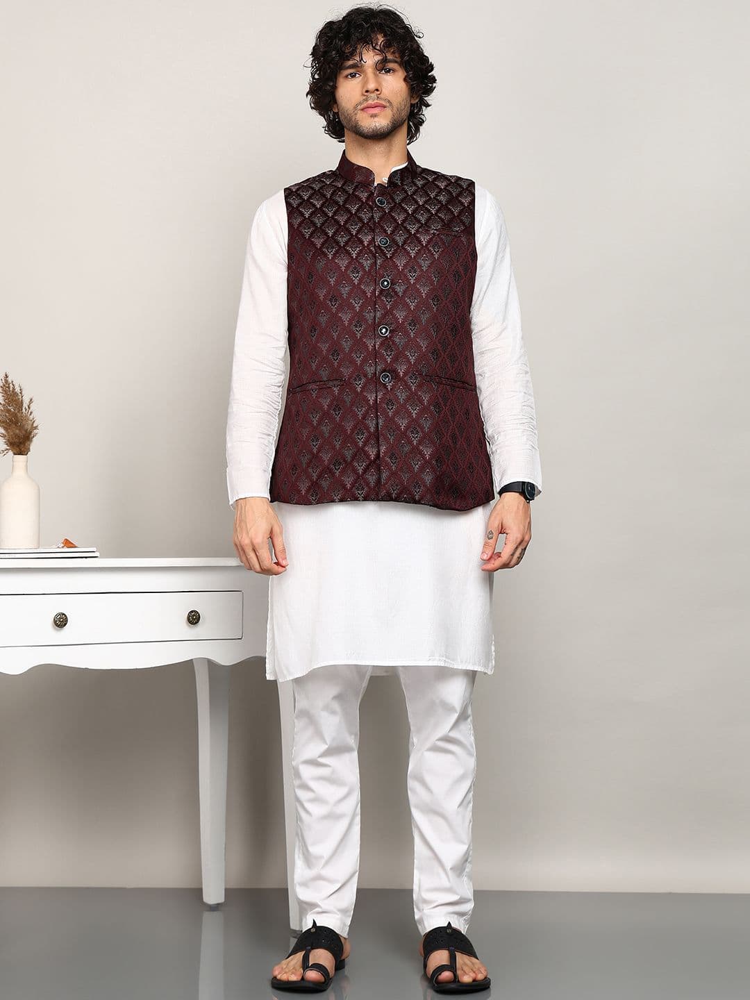 House of Pataudi Men Woven Design Mandarin Collar Nehru Jacket - view 1