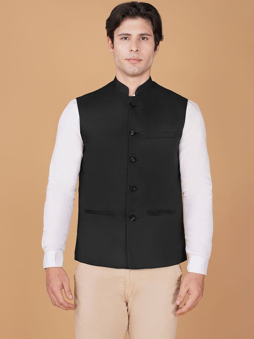 Vastraa Fusion Cotton Mandarin Collar Neck Woven Nehru Jacket - view 1