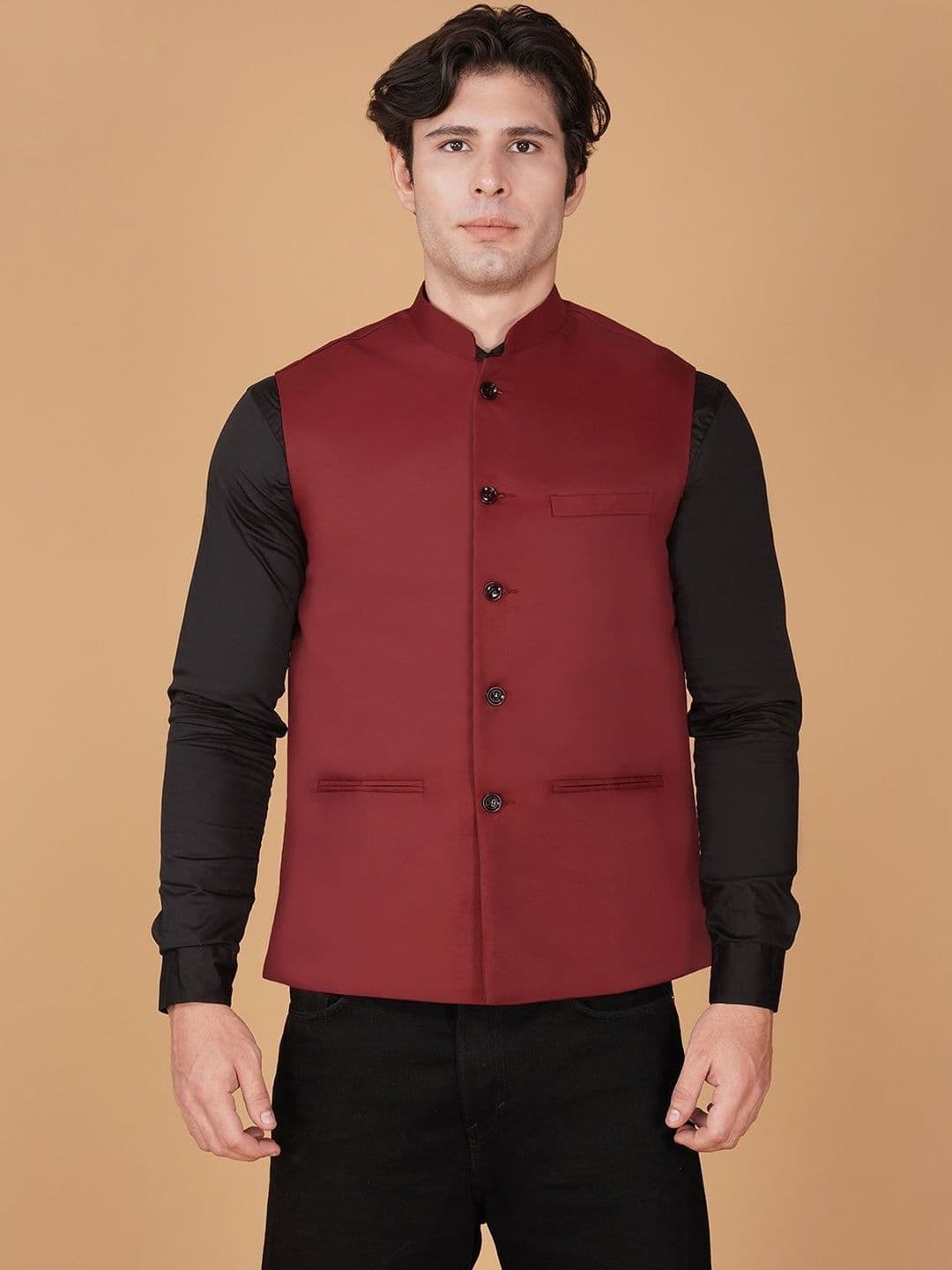 Vastraa Fusion Pure Cotton Mandarin Collar Neck Woven Nehru Jacket - view 1