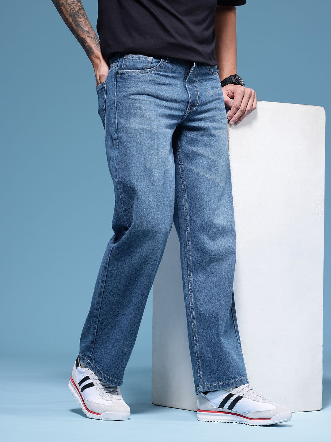 HERE&NOW Men Baggy Fit Pure Cotton Light Fade Jeans - view 1