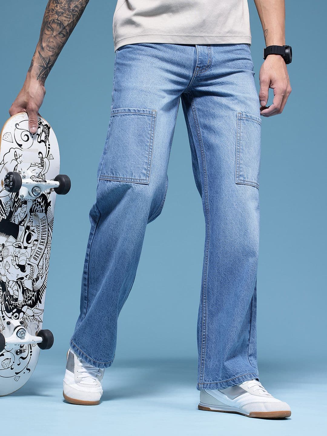 HERE&NOW Men Baggy Fit Pure Cotton Light Fade Cargo Style Jeans - view 1
