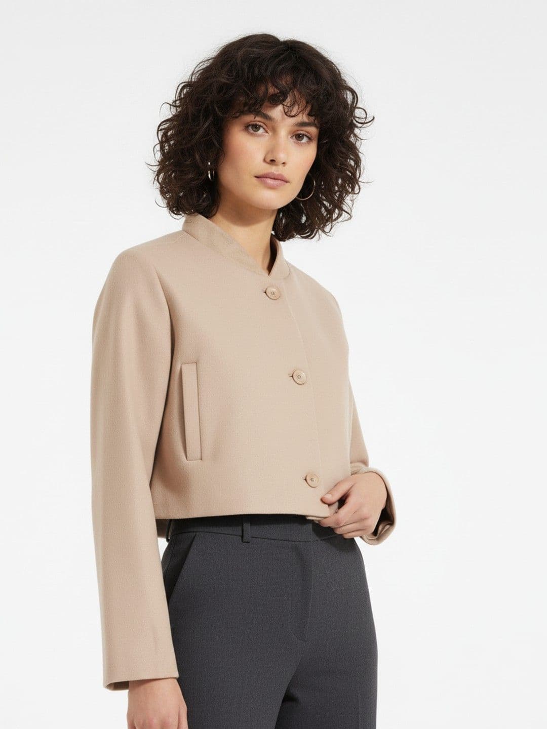 glitchez Stand Collar Relaxed Fit Crop Tweed Tailored Jacket - view 1