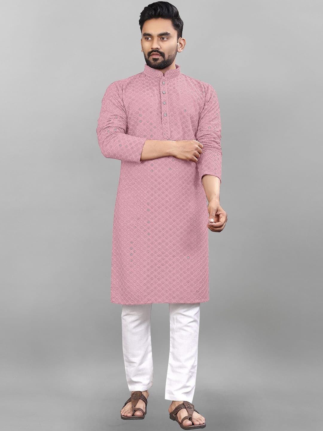 TARUNCOLLECTION Men Geometric Embellished Thread Work Handloom Kurta - view 1