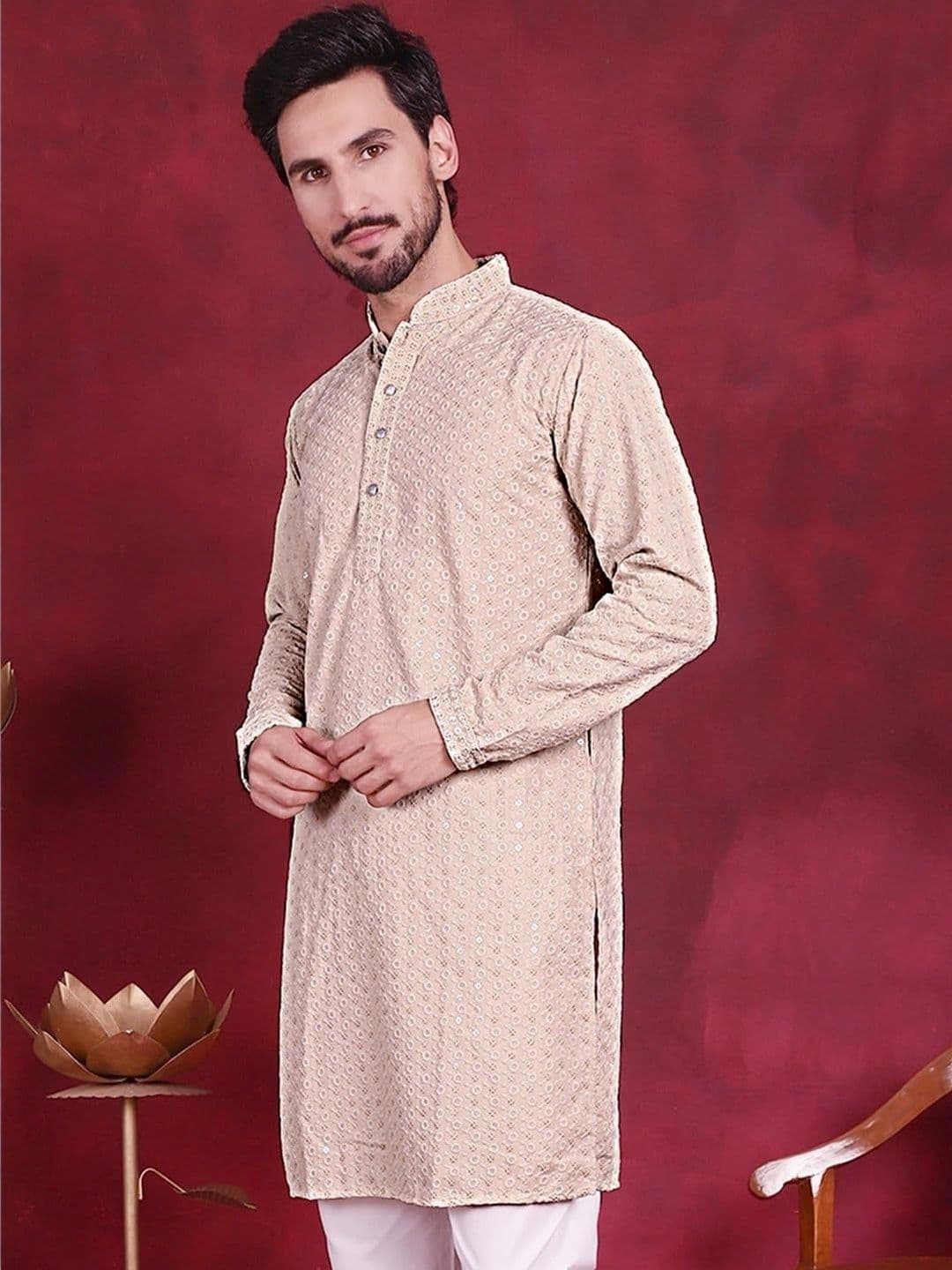 ALMORA Men Embroidered Flared Sleeves Thread Work Handloom Kurta - view 1