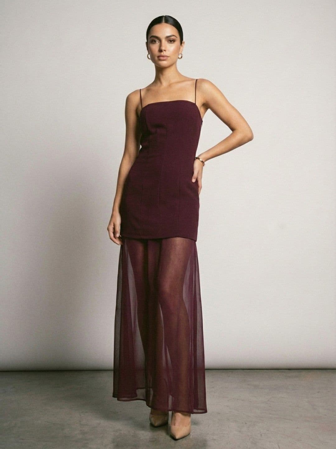 Phosphorus Panel Detailed Shoulder Straps Sheer Maxi A-Line Dress - view 1