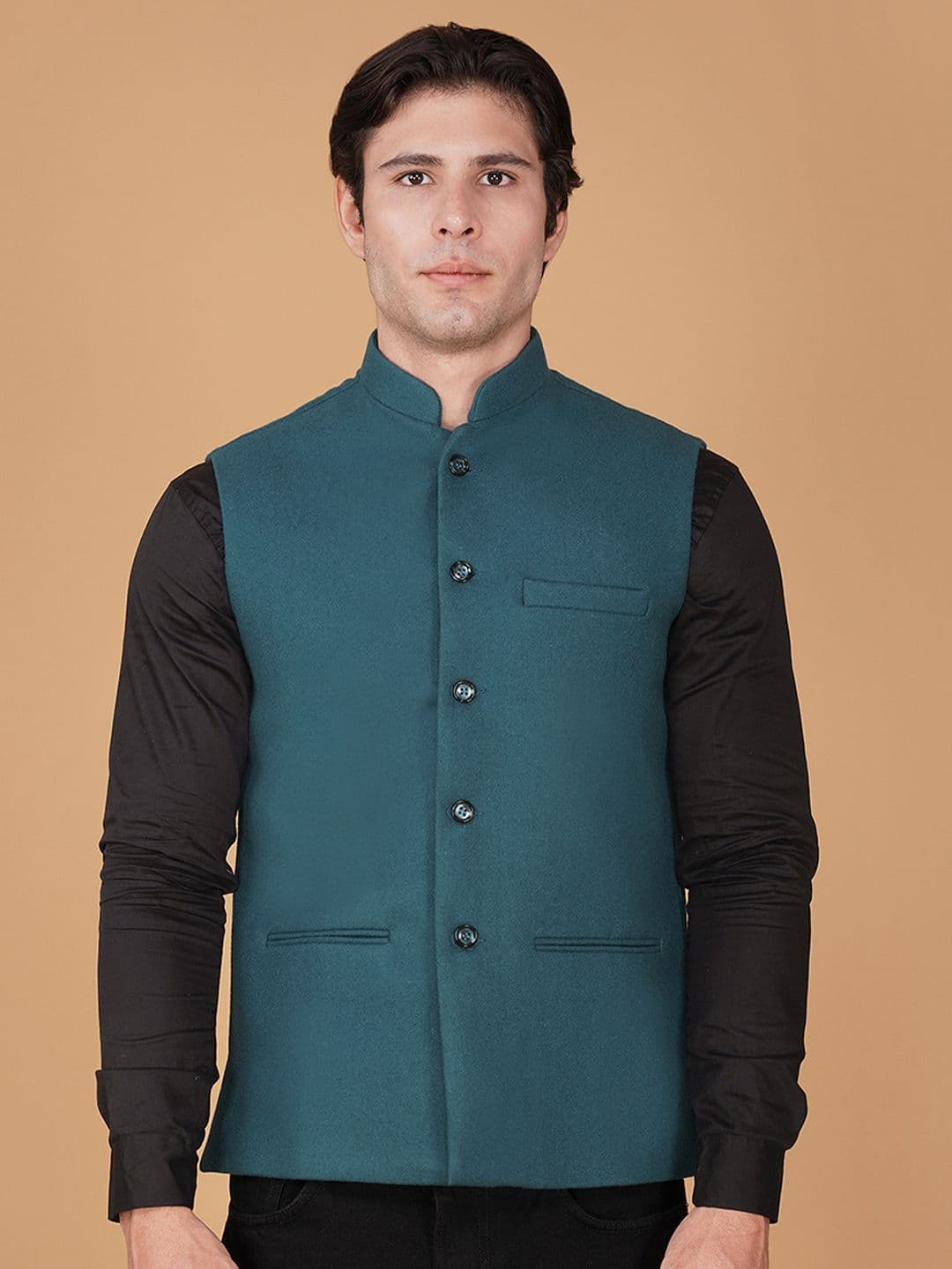 Vastraa Fusion Men Mandarin Collar Woven Traditional Woolen Nehru Jacket - view 1