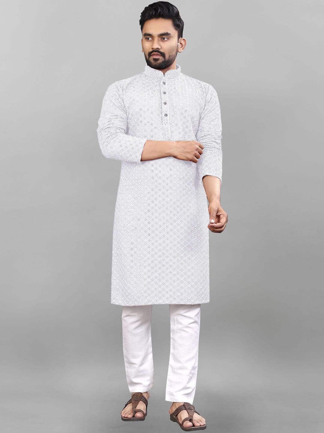 VINAYAK COTSYN KURTA PYJAMA Men Geometric Embellished Thread Work Handloom Kurta - view 1