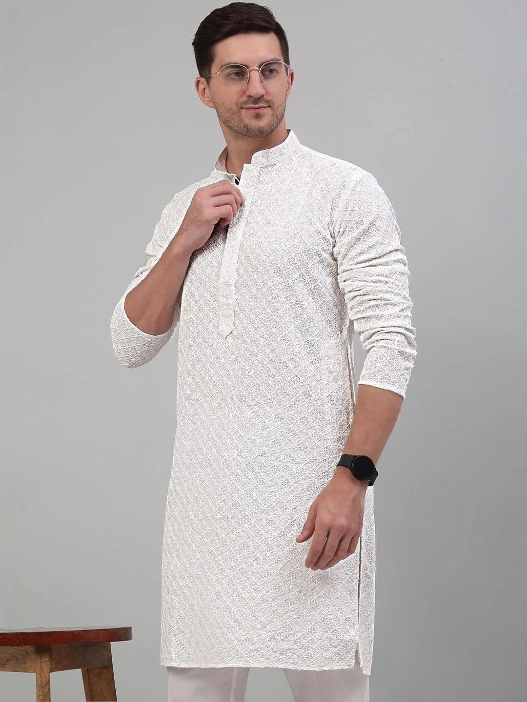 ALMORA Men Geometric Embroidered Thread Work Handloom Pathani Kurta - view 1