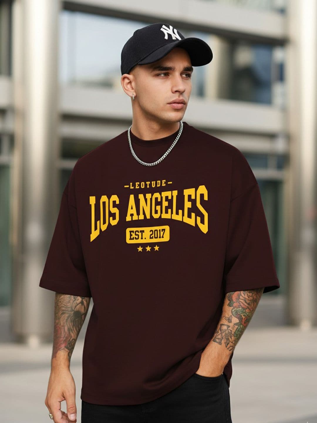 Leotude Typography Printed Round Neck Drop Shoulder Sleeves Oversized T-shirt - view 1