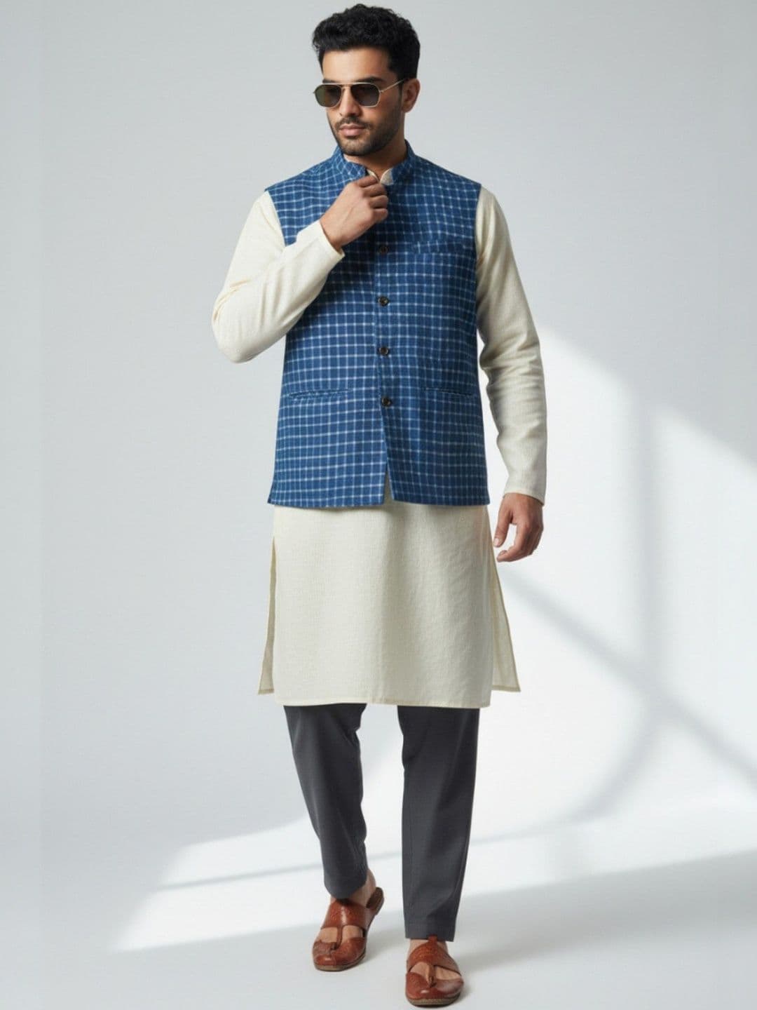 PRETANSHAH Checked Cotton Woven Nehru Jackets - view 1